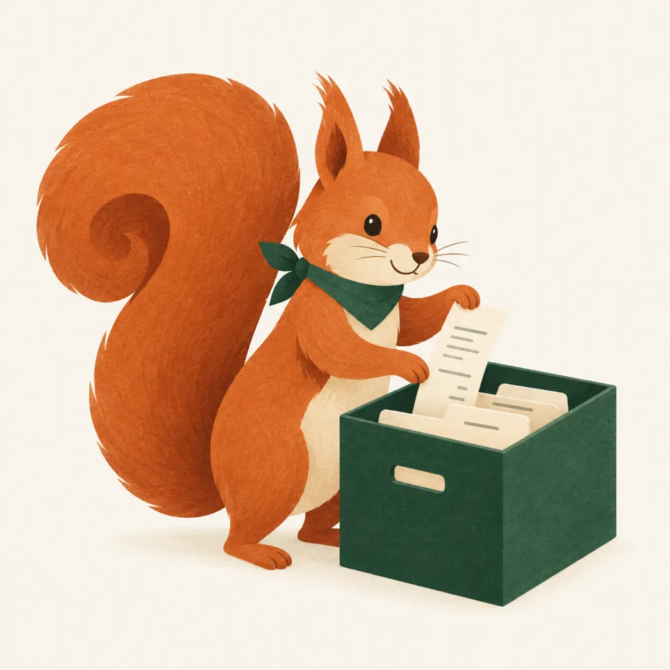 Nuski, an orange squirrel wearing a green neckerchief, puts a receipt into an organised filing box.